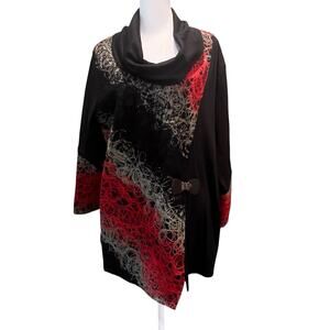 Ali Miles Cowl Neck Tunic Women's XL Red Knit Top Textured Asymmetrical Artsy